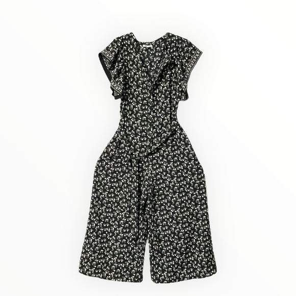 Max Studio Y2K Black floral Jumpsuit Culotte SZ L Women Pocket Button Up Flare - Picture 2 of 7